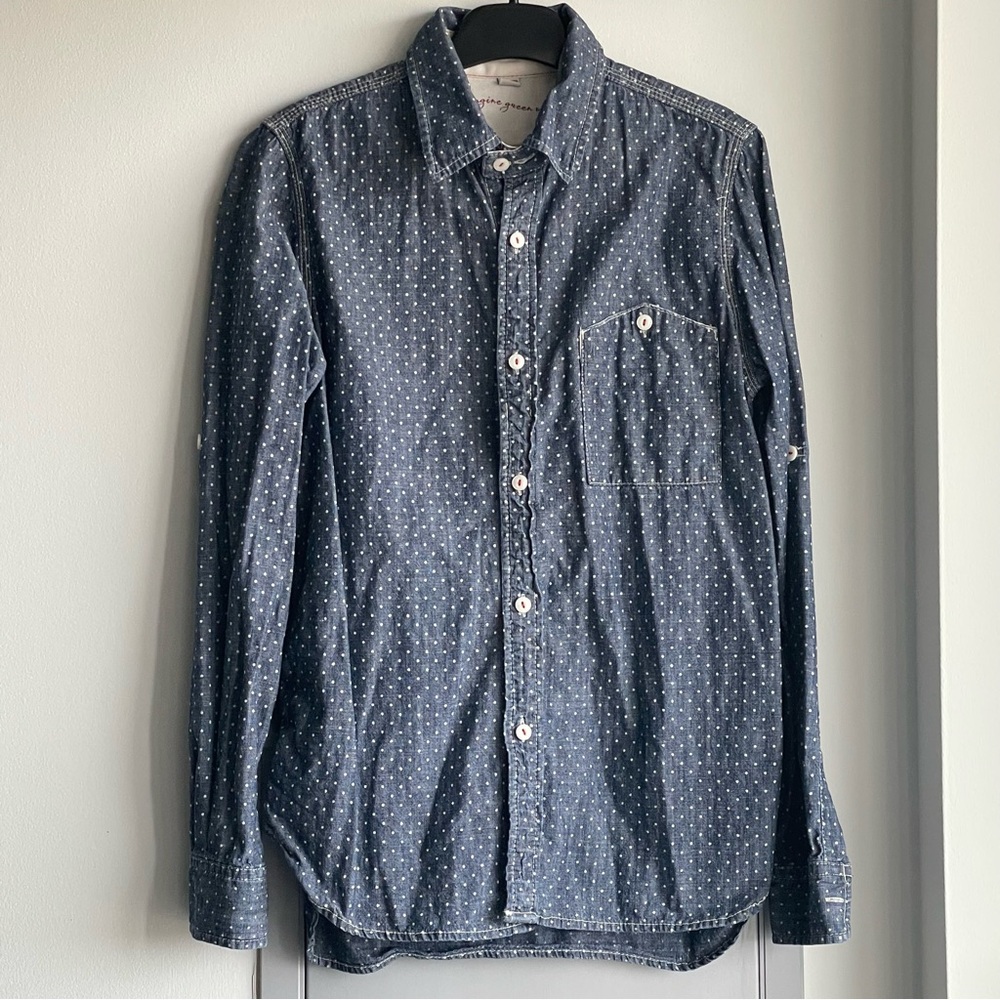 ANTHROPOLOGIE IMAGINE GREEN WOOD Chambray Polka Dot Button-Up Shirt
